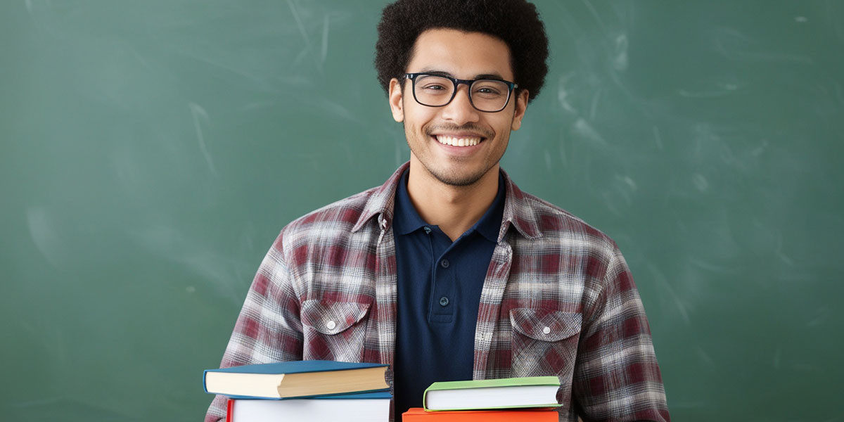 homem feliz segurando livros